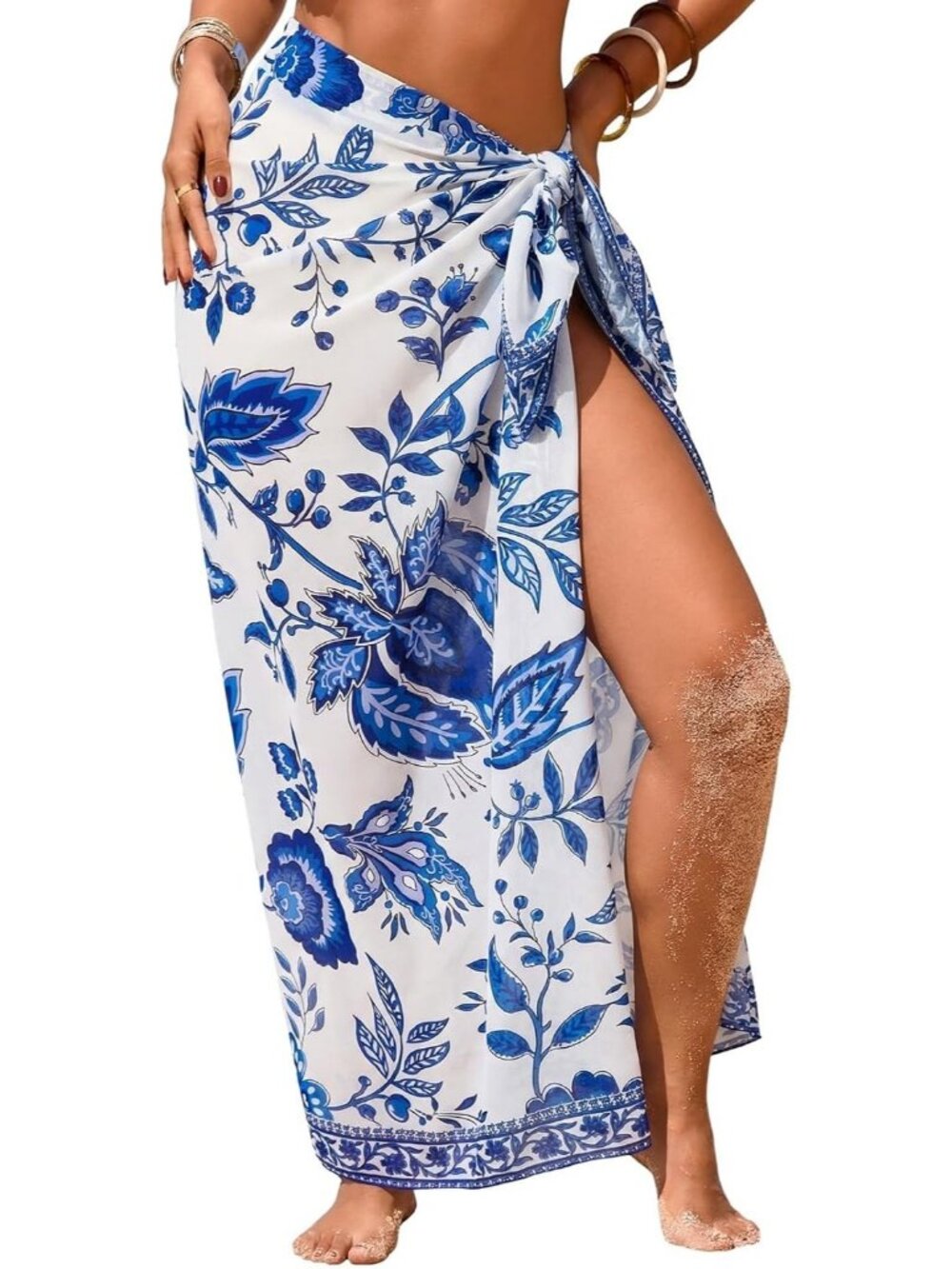 Women's Blue Floral Polyester Printed Chiffon High Slit Beach Coverup Sarongs